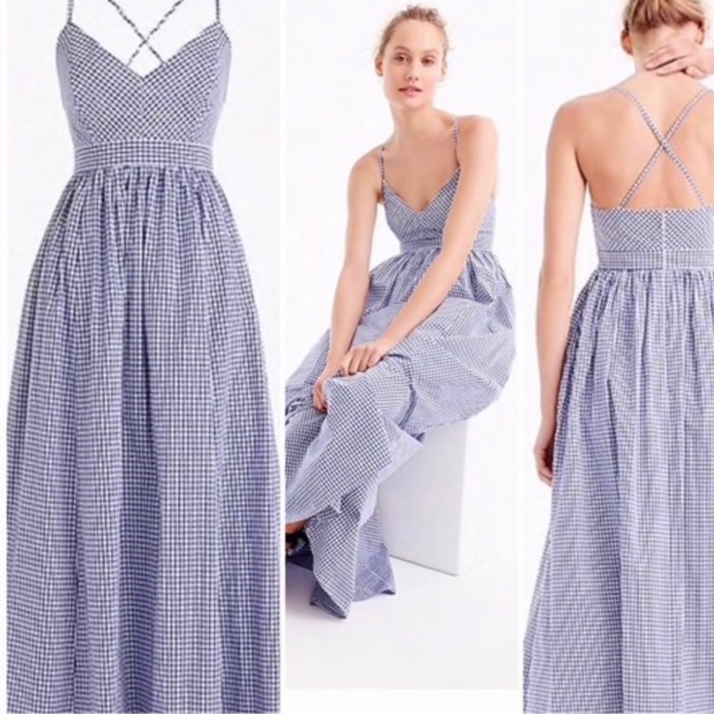 J CREW Long spaghetti-strap dress in gingham Sz 8